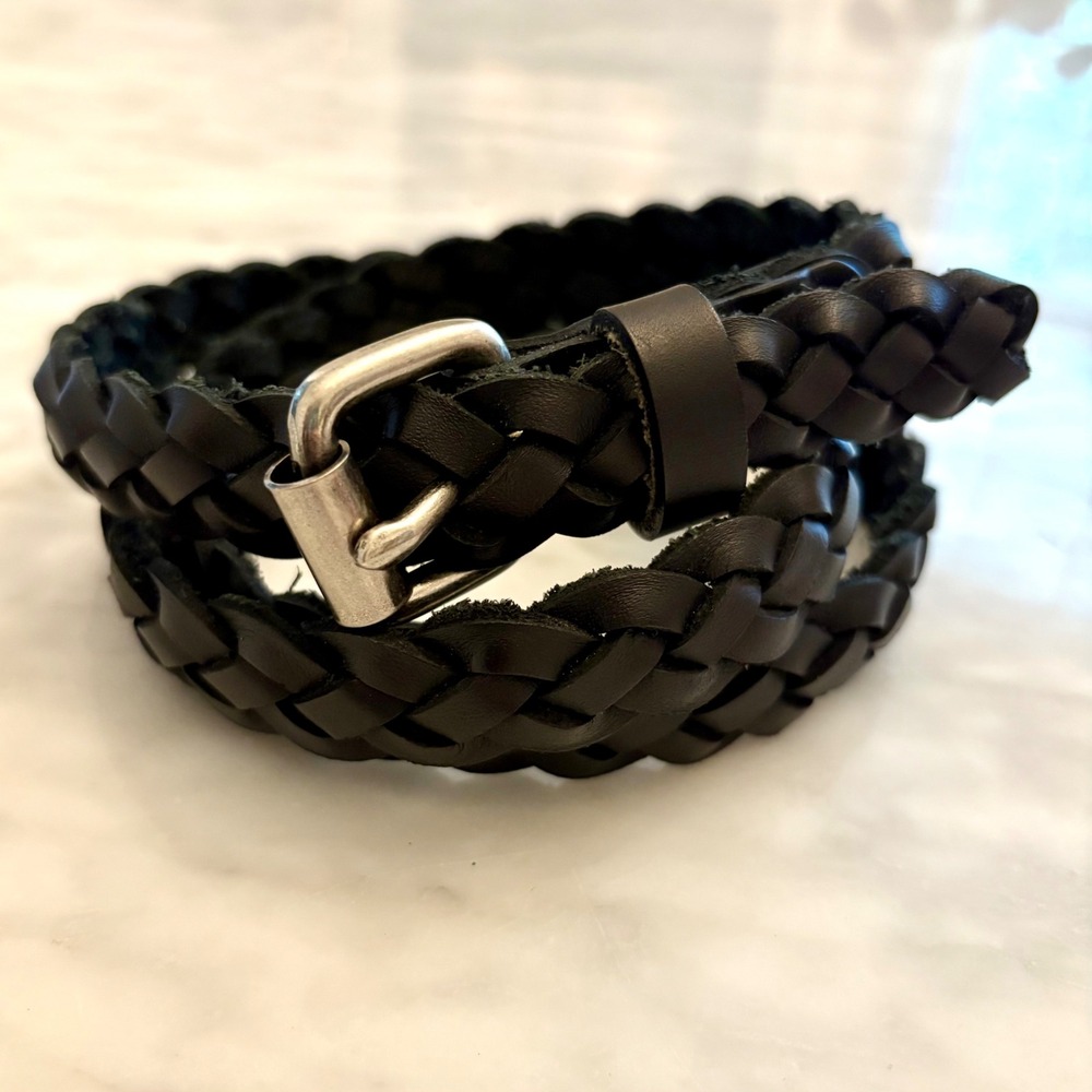 Womens Black Braided Leather Belt Silver‎ Buckle Sz Large Woven Boho Classic